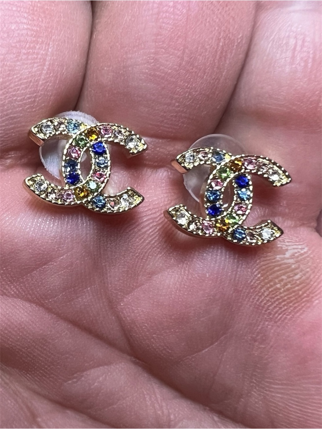 Chanei Multi- Color Crystal With Gold - Tone Stud Earrings For Pierced Ears New